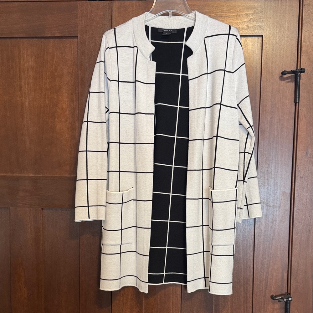 Tahari White and Black Checkered long Cardigan Sweater